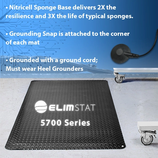  Anti Static Floor Mats are diamond-plated and havea nitricell sponge base. Connect to a 4720 Series Mat Ground to electrically bond the mat.